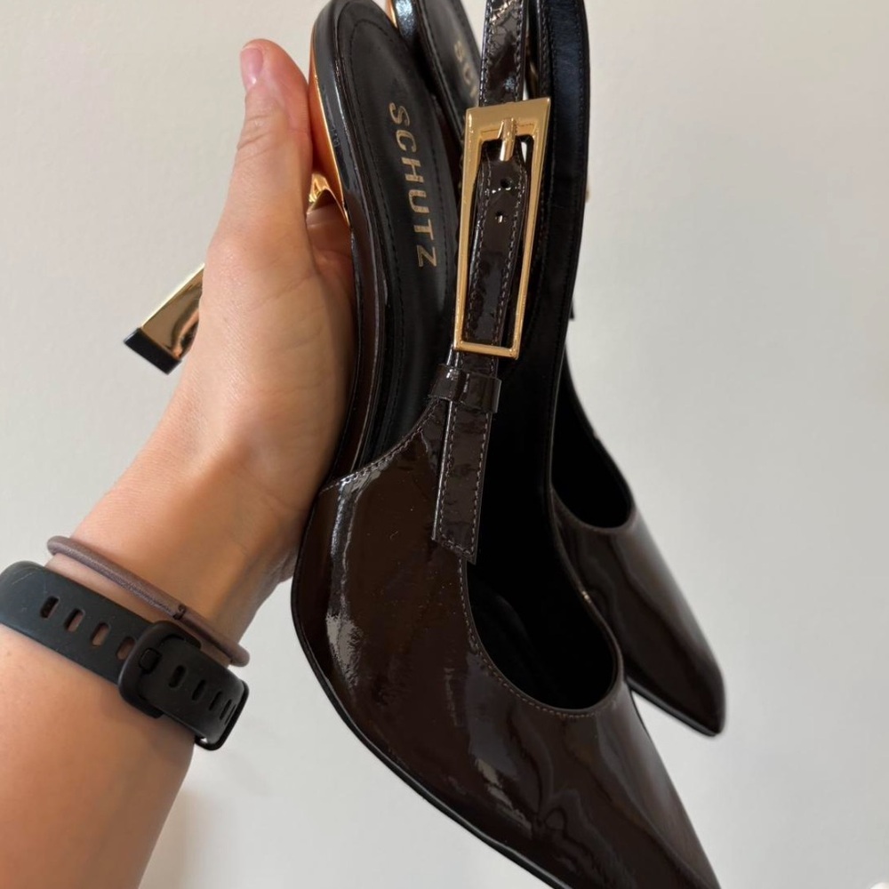 Schutz chocolate brown Patent Leather Slingback Pumps with Gold Heel Sz 8 - Picture 6 of 7